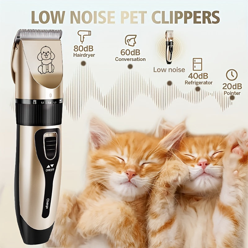 USB rechargeable electric clippers with ceramic blades for grooming cats and dogs.