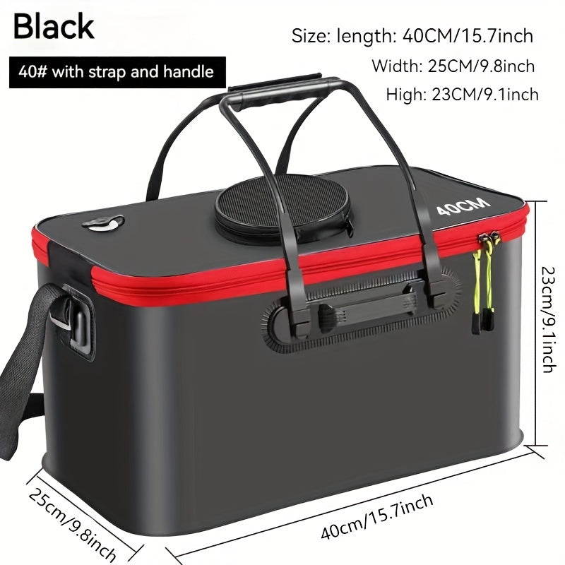 Compact EVA fishing gear bag with collapsible live fish bucket and tackle storage, waterproof and zip closure for camping.