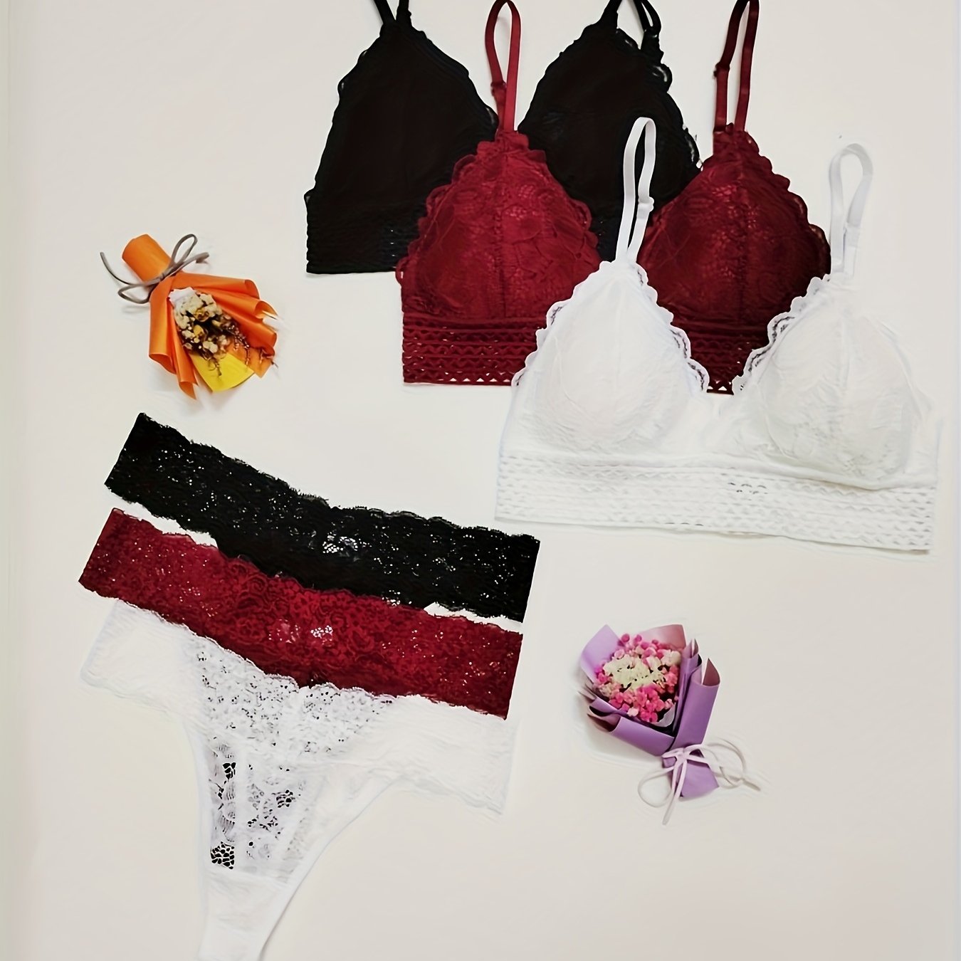 3-piece lace bra and panties set with contrast, scallop trim bralette and mesh thong lingerie set for women