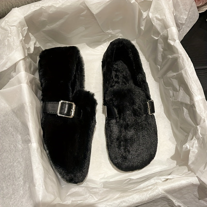 Black corduroy loafers for women with thick sole, round toe, and metal buckle accent; cozy, lightweight, and stylish for fall/winter.