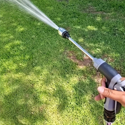 A high-pressure car wash gun with multifunctional garden hose nozzle, adjustable thickened rod sprayer with copper-plated tip, and universal 3/4" and 1/2" quick connect adapters for