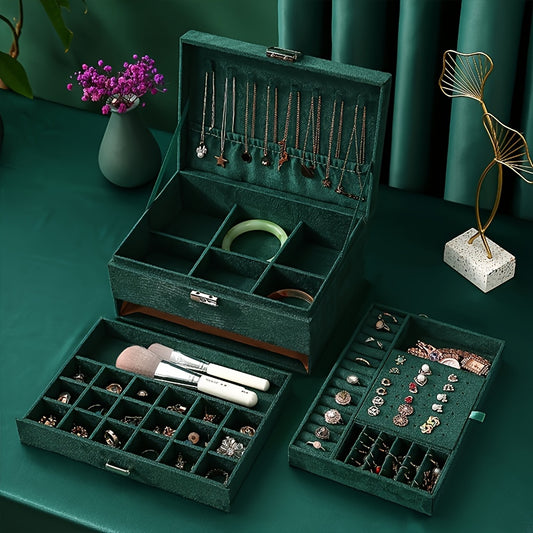 Luxury dark green jewelry storage box for girls, featuring three drawers for organizing large jewelry sets. Ideal gift choice for jewelry making enthusiasts.