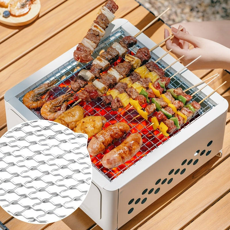 Square portable indoor barbecue grill set made of durable metal materials, with detachable legs and cooking rack, featuring an ash pan. Lighter not included. Ideal for home use.