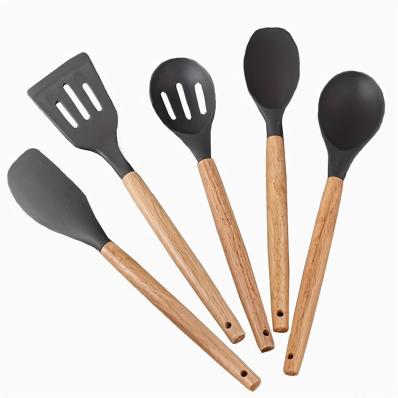 5-piece Non-Stick Kitchen Utensil Set with Wooden Handles, Safe for Food Contact - Ideal for Frying, Serving Soup & Sauces