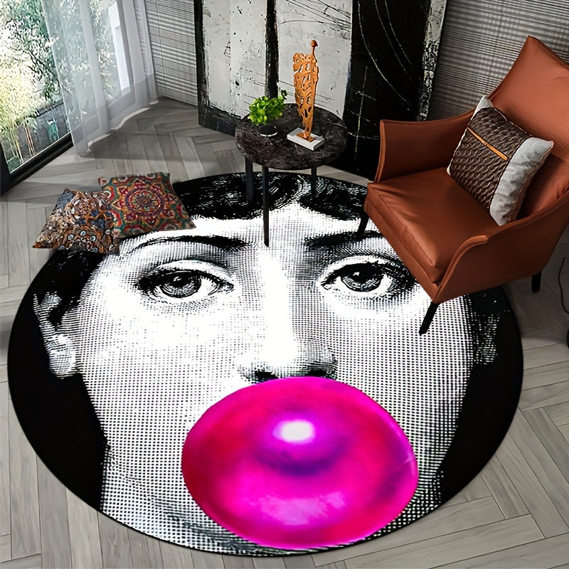 Round non-slip rug featuring a woman blowing bubbles with powder, perfect for entryways, living rooms, bedrooms, outdoor patios, gardens, and yards. Machine washable and suitable for use as a decorative accent in your home or outdoor space. Also can be