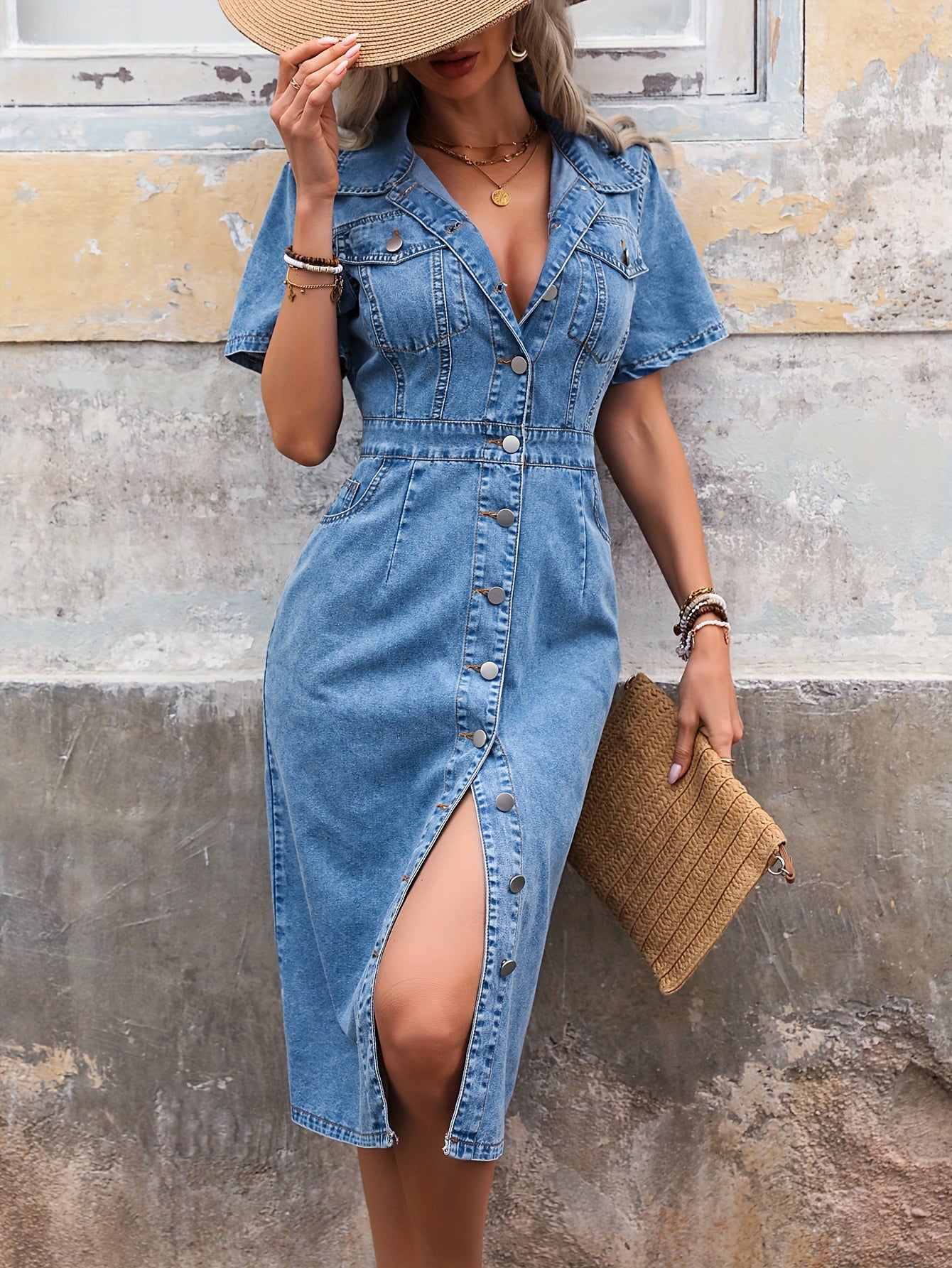 Casual denim dress for women: mid-length, short sleeves, button-up front, flap pockets, light blue.