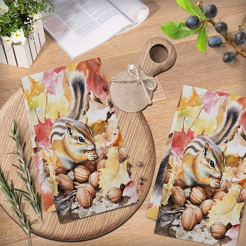 Set of 2 Ultra Soft Kitchen Towels featuring Chipmunk & Autumn Nuts Design. These Highly Absorbent & Quick-Dry Dish Hand Towels are Machine Washable and measure 40.64x60.96 cm. Ideal for Holiday Decor and as Dish Towels.