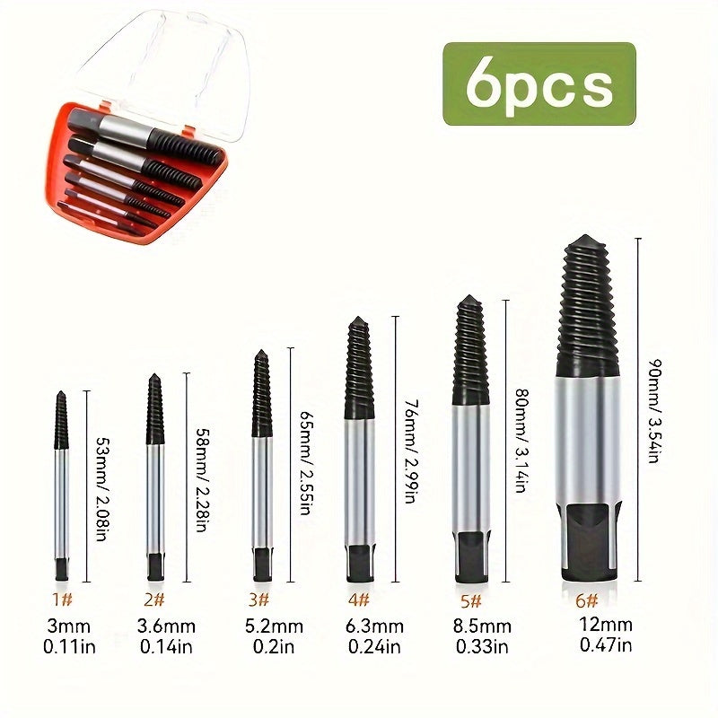 6-piece Screw Extractor Set for Broken Bolts and Damaged Screws