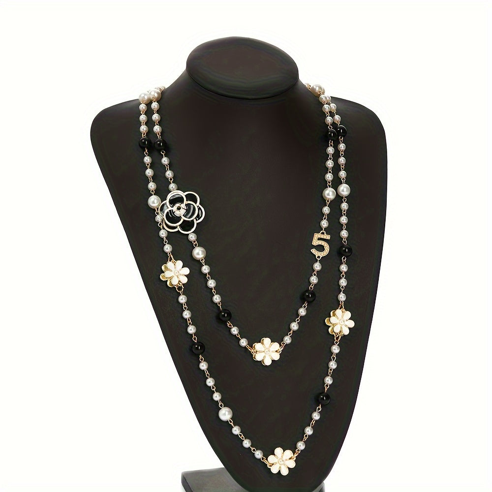 Long French Court Style Sweater Chain with Korean Style Flower Beads, Faux Pearl, Double Layer Pendant Necklace featuring Number 5 - Unique Jewelry Piece