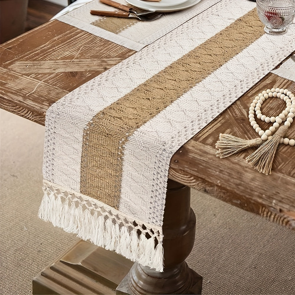 Bohemian chic linen table runner with tassels - perfect for weddings, dining, parties, and home decor.