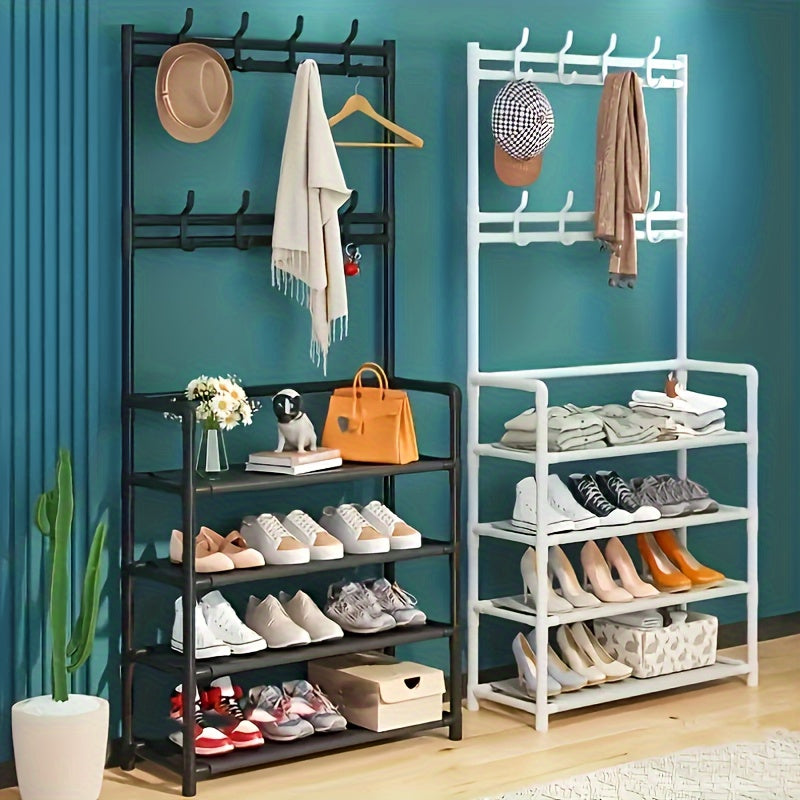 Create a Stylish and Organized Entrance with the [Modern Charm] Black Metal Entryway Organizer - 152.4cmxMJ Coat Rack Featuring Hooks & Shoe Shelves. Made from Durable Zinc Alloy with a Bubble-Free Finish, Perfect for Storing Clothes, Hats, Bags, and