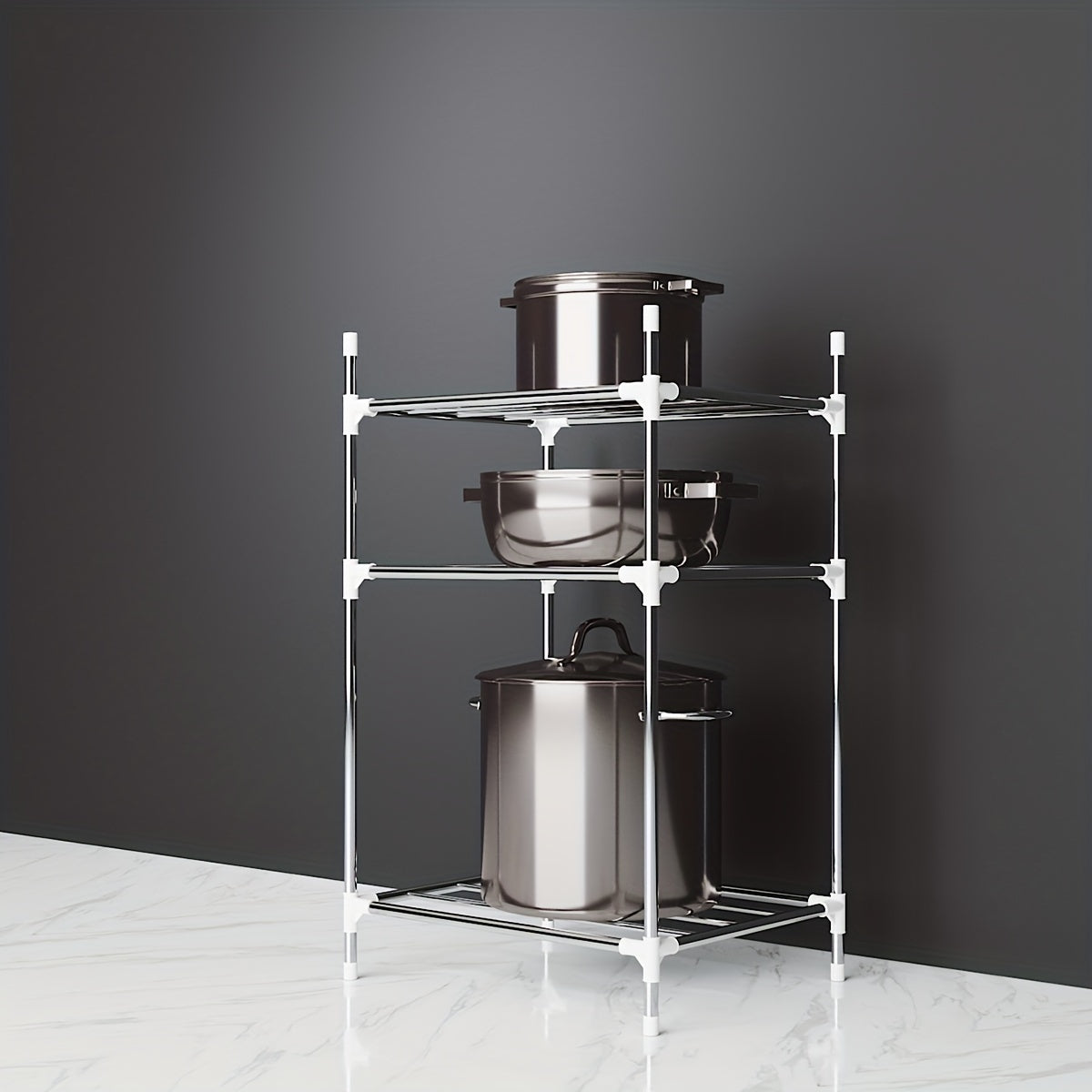 Multi-tier stainless steel storage shelf, ideal for organizing kitchen, bathroom, balcony, and rest room. Perfect for storing cookware, tableware, oven, microwave oven, and basin.