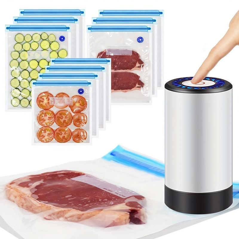 Compact USB-Rechargeable Electric Vacuum Sealer Set with 3 Food Storage Bag Sizes - Handheld Sealer for Perfect Seal, Includes Measurement Markings & Blue Zipper Bags for Different Foods, Great for Home Kitchen, Portable Design|Long-Lasting Vacuum Bags