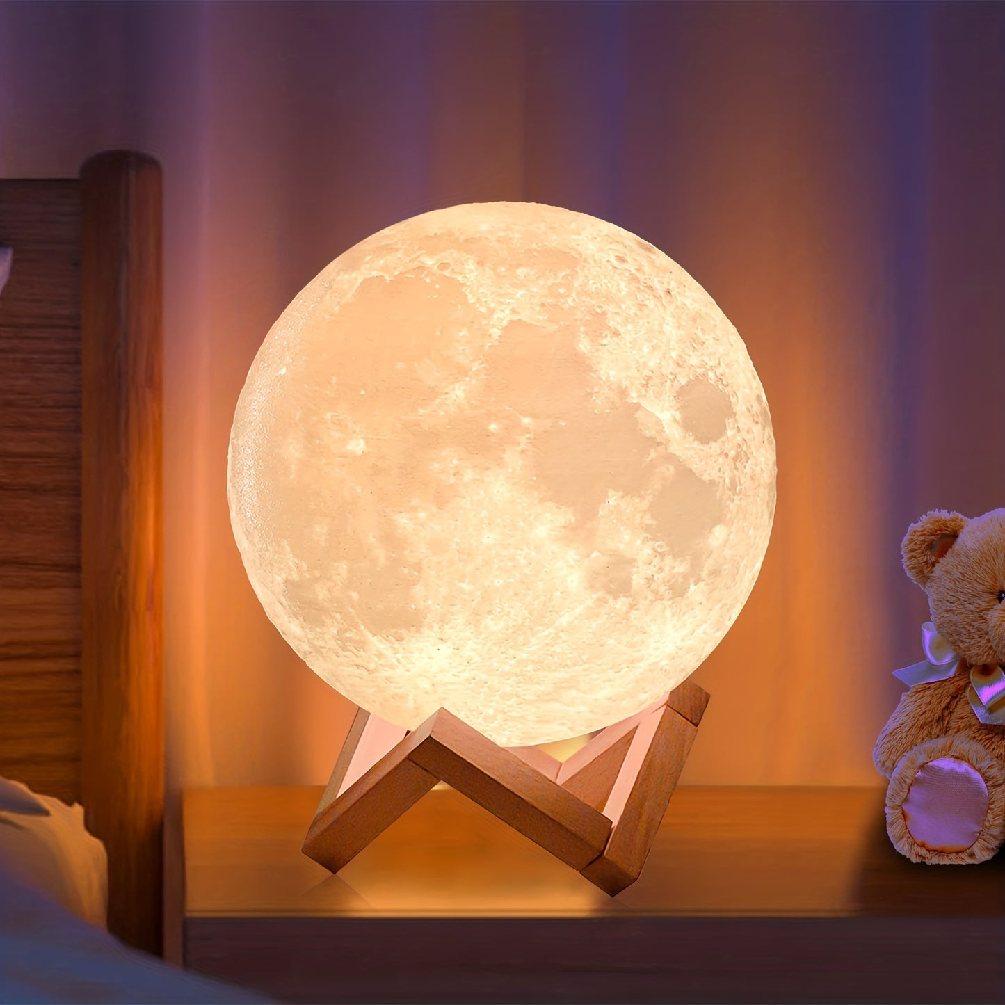 Moon night light for girls with wooden base, 2 control methods (remote and touch), rechargeable with 128 colors, 12cm diameter. Perfect gift for holidays and special occasions.