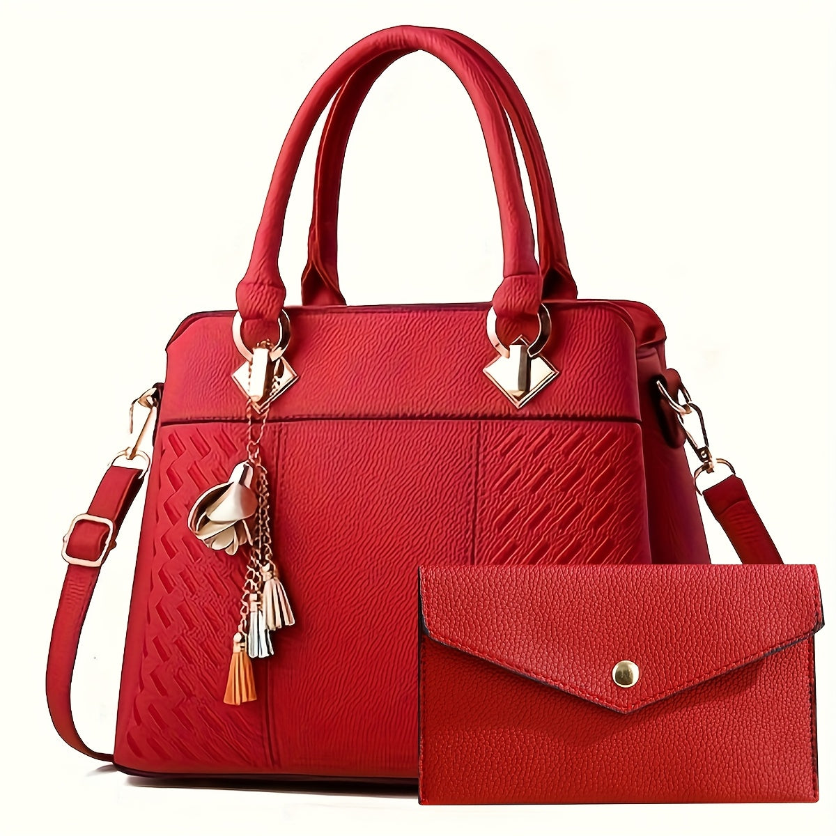 Stylish women's handbag set with black tote, removable strap, zipper closure, clutch, and fashionable shoulder bag. Perfect gift for Mother's Day and Easter.