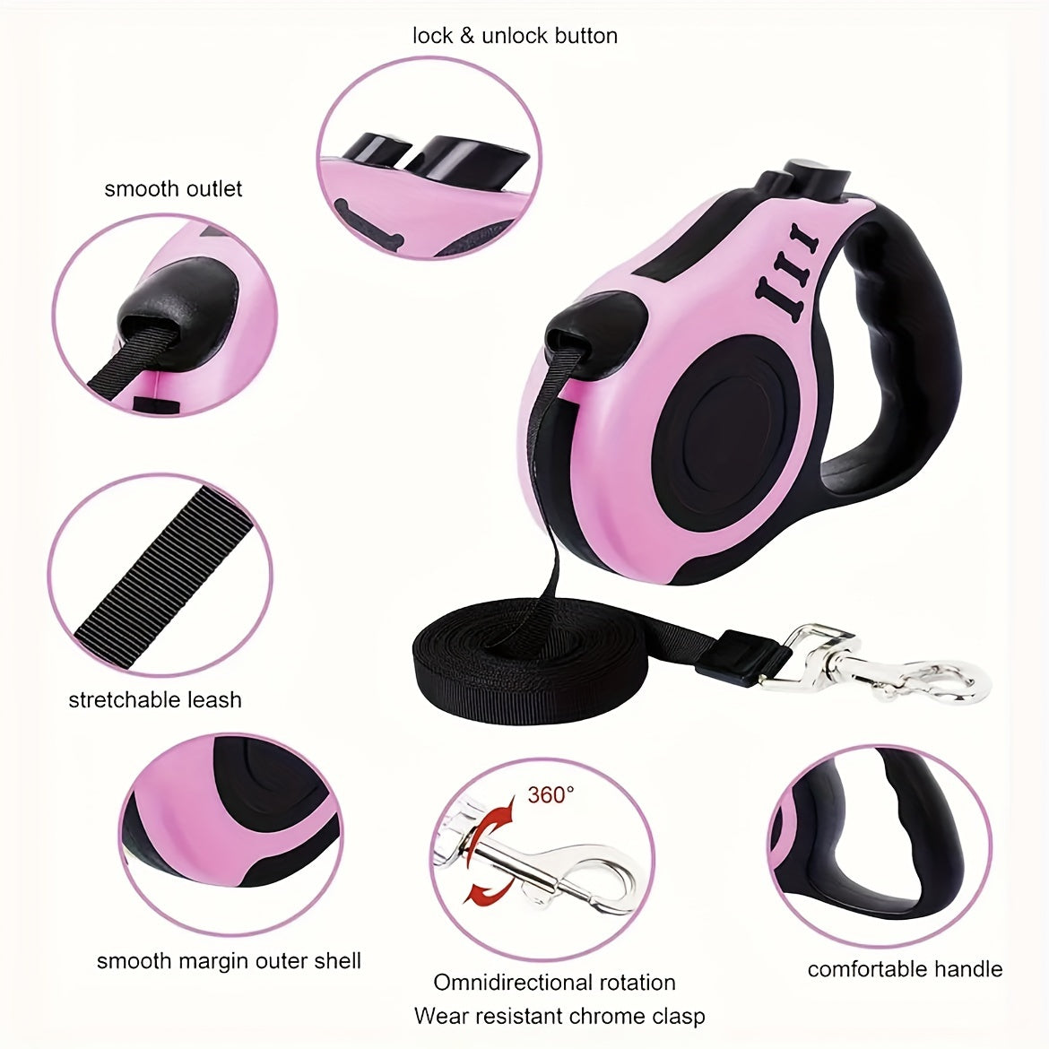 10-Foot Dual-Button Retractable Dog Leash with Polyamide Material, One-Click Brake and Lock, Comfort Grip - Battery-Free