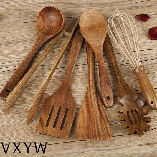 Set of 7 wooden utensils for cooking, including spoons and spatulas. This safety non-stick cookware set is an essential addition to your kitchen gadgets and accessories.