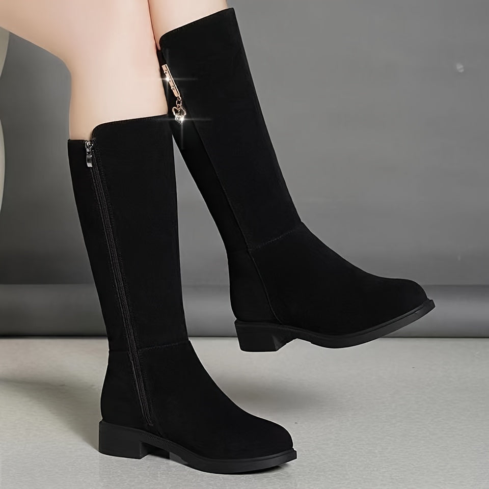 Winter knee-high boots for women with faux fur lining, low heel, rubber outsole, and soft fabric insole, ideal for casual and stylish outings.