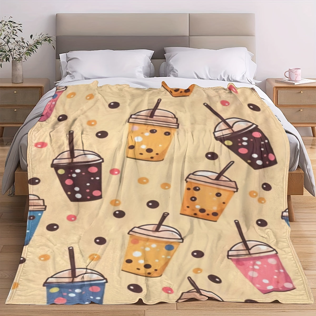 Modern Boba Tea Design Flannel Throw Blanket - Soft and Lightweight, Perfect for Bed or Sofa - Features Cartoon Bubble Pattern, Ideal for All Seasons - Made with Soft Knit Digital-Print Polyester Cover, 200-250 g/㎡.