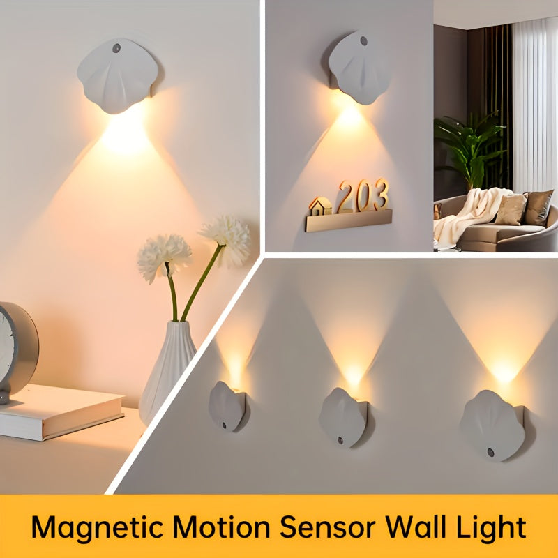 Sleek motion sensor wall light with adjustable brightness, USB powered, 3 color options for various spaces.