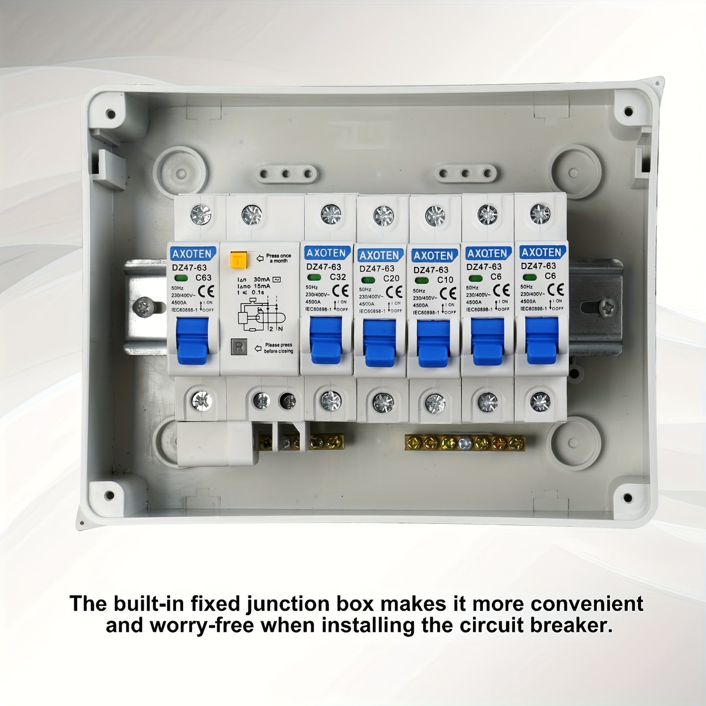 Surface-mounted 5/8/12-circuit micro circuit breaker combination switch box for home/office/shopping center power distribution.