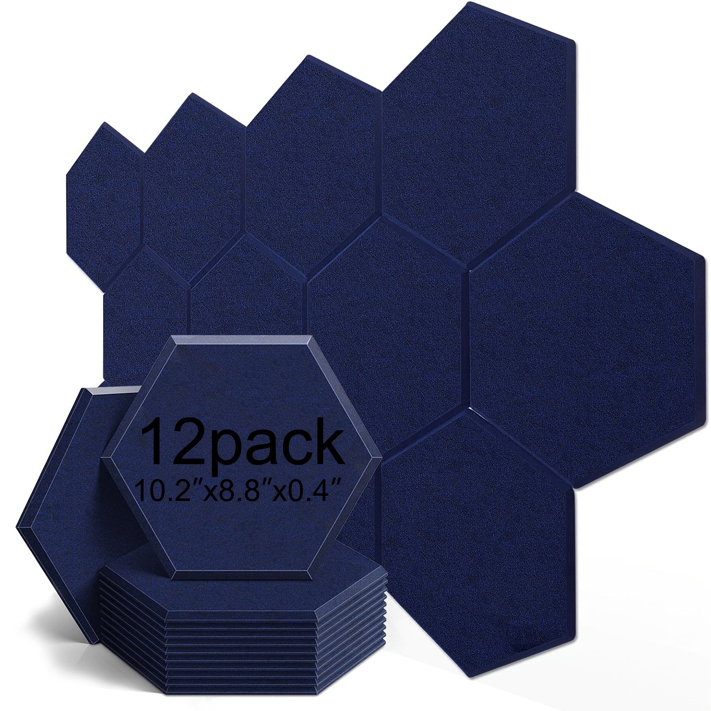 12-pack of self-adhesive hexagonal acoustic panels, sized 10.2 x 8.8 x 0.4 inches, for home, office, and recording studios.