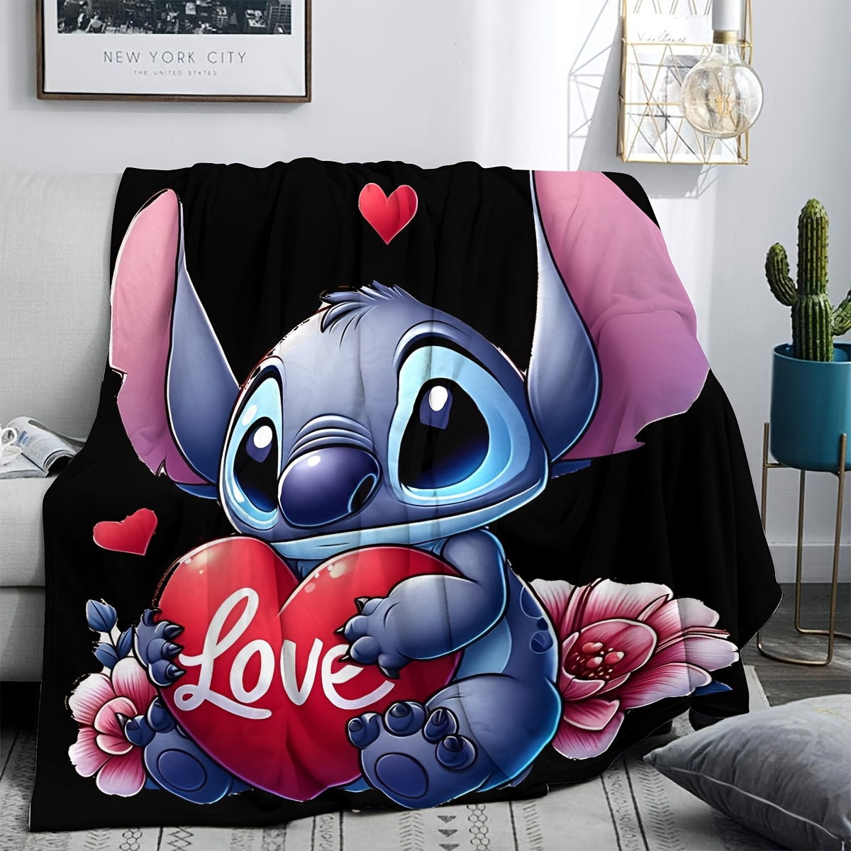 This Flannel Throw Blanket features a cute Stitch Cartoon Love Heart design, making it a perfect addition to any room. It is made of soft and cozy all-season multipurpose digital print fleece, crafted from 100% polyester and weighing 200-250g. The