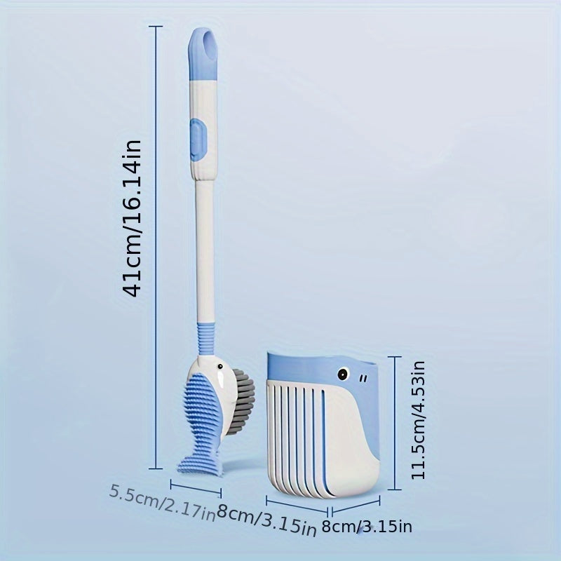 Whale-Shaped Toilet Brush Set with Holder, Suction Cup Base, and Self-Dispensing Cleaning Solution - Features Silicone Bristles, Press-Type Liquid Release, and Reusable Plastic Handle. Suitable for Bathroom, Toilet, Kitchen, and Patio Use with No Power