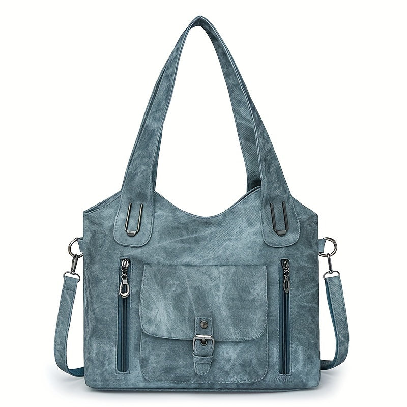 Retro women's shoulder tote bag with soft synthetic leather, adjustable strap, zipper closure, multiple pockets, and polyester lining in light blue/blue/black. Suitable for daily use or