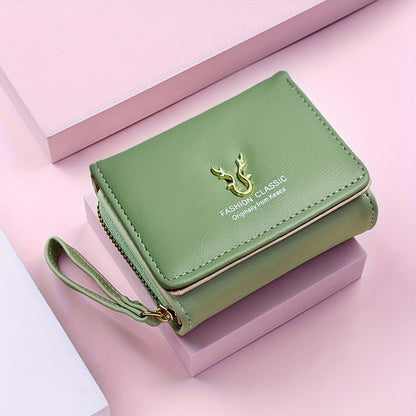 Small women's wallet with short zipper, three folds, multiple slots, and ample space, suitable for use as a handbag.