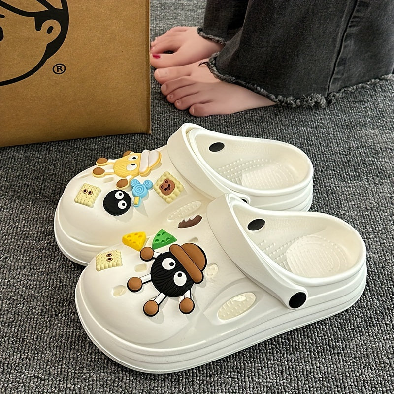 Beige EVA Clogs with Food & Cartoon Charms - Comfortable Slip-On Sandals for All Seasons, Easy to Clean