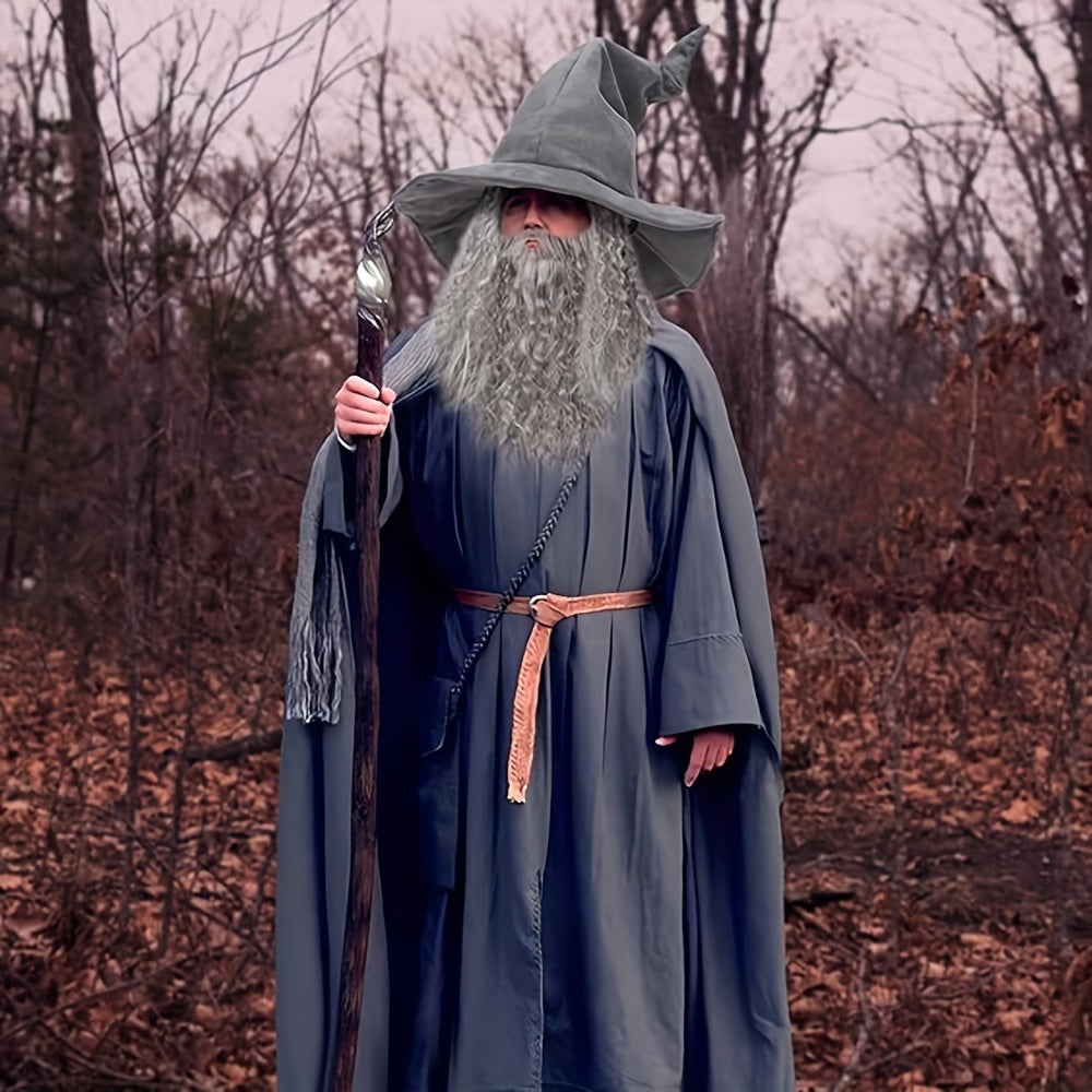 Ideal for Halloween and cosplay, this set includes a gray wizard hat with a long curly wig and beard that are heat resistant.