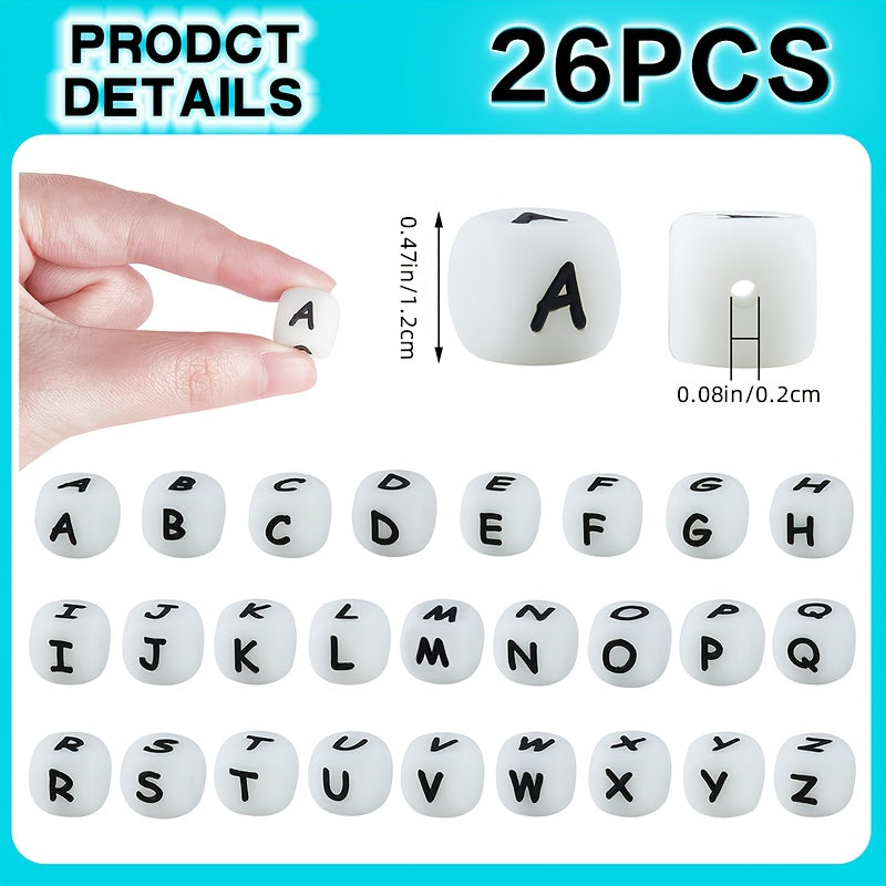 Set of 26 Glow-in-the-Dark Silicone Cube Beads, Includes Alphabet and Number Square Dice Beads, Perfect for DIY Keychain and Jewelry Crafts, Great Gift Option