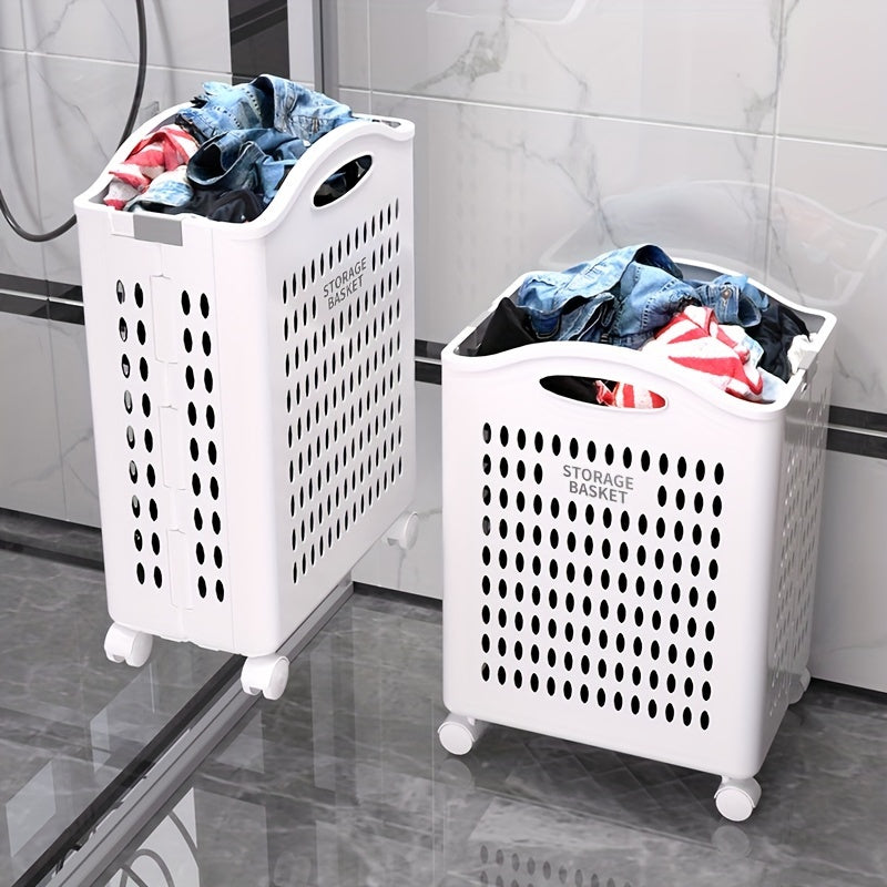 One piece of a large collapsible wheeled laundry basket made of portable plastic, perfect for dorms and bathrooms. Ideal for storing dirty clothes and other laundry items.