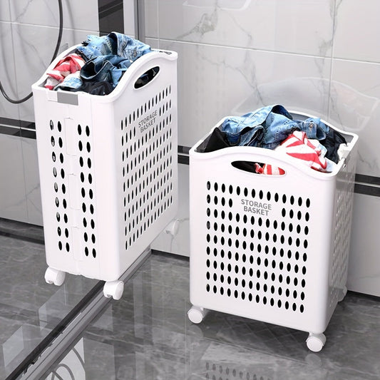 One piece of a large collapsible wheeled laundry basket made of portable plastic, perfect for dorms and bathrooms. Ideal for storing dirty clothes and other laundry items.