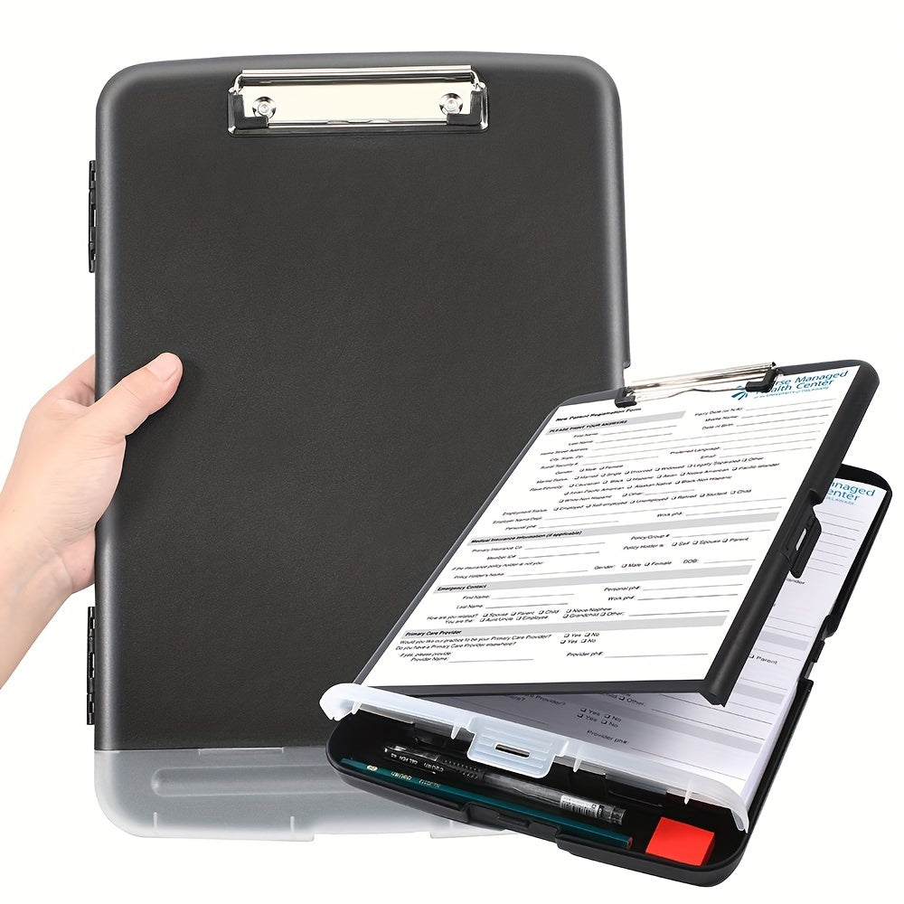 Large capacity nursing clipboard with storage and pen holder, heavy-duty plastic construction, side-opening design for writing.