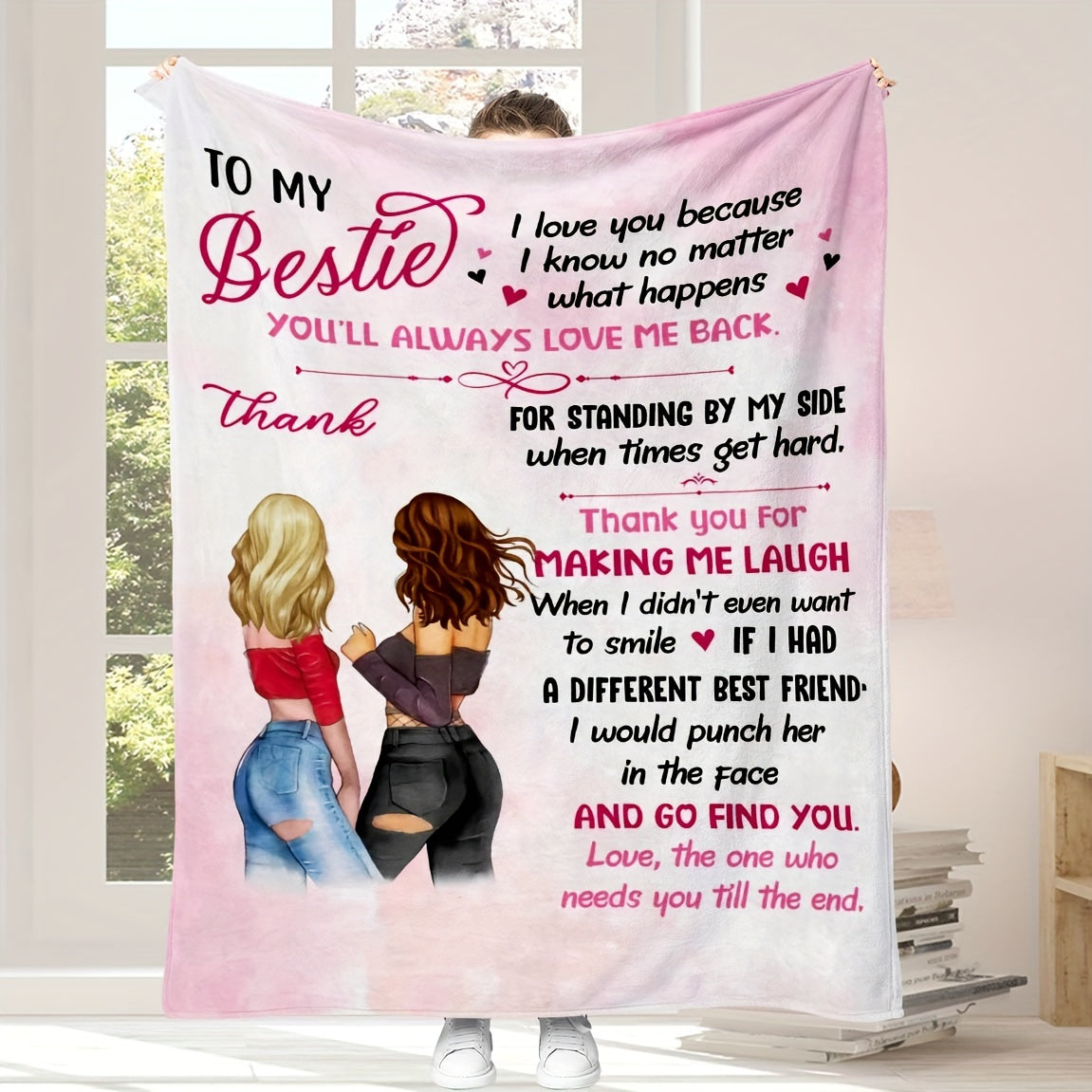 Soft Pink Flannel Bed Blanket with Contemporary Best Friend Theme - Digital Print, Reversible All Seasons Multipurpose Blanket for Machine Wash, Friendship Appreciation Design 'To My Bestie'. Soft Polyester Material for Knitted Bedroom Decor.