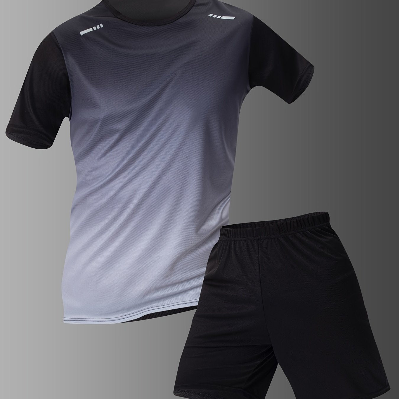 Men's casual sportswear set with gradient short sleeve t-shirt and solid elastic waist shorts for summer sports.