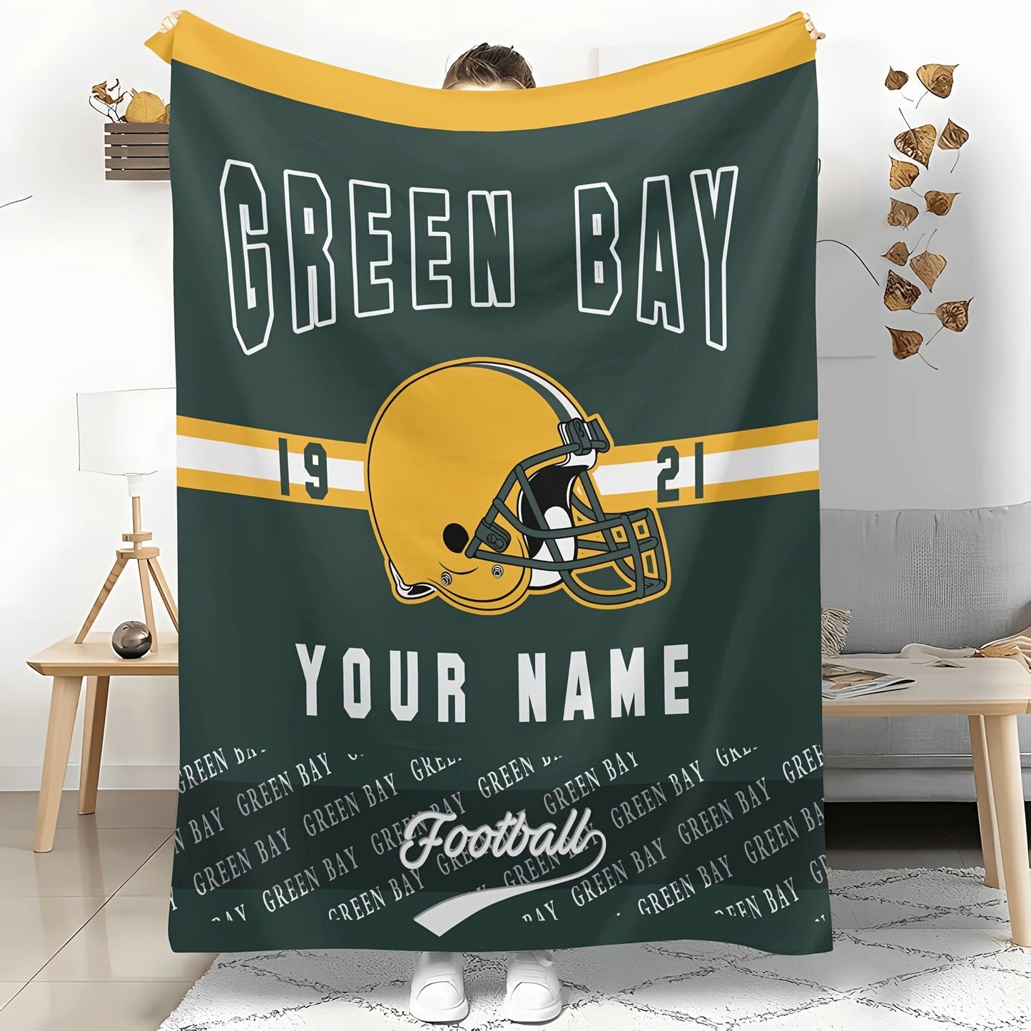 Personalized Green Bay Team Throw Blanket: Add Your Name, Easy to Clean, Soft Polyester Material, Ideal for Year-Round Comfort, Great for Travel or Home, Ideal Gift for Sports Fans