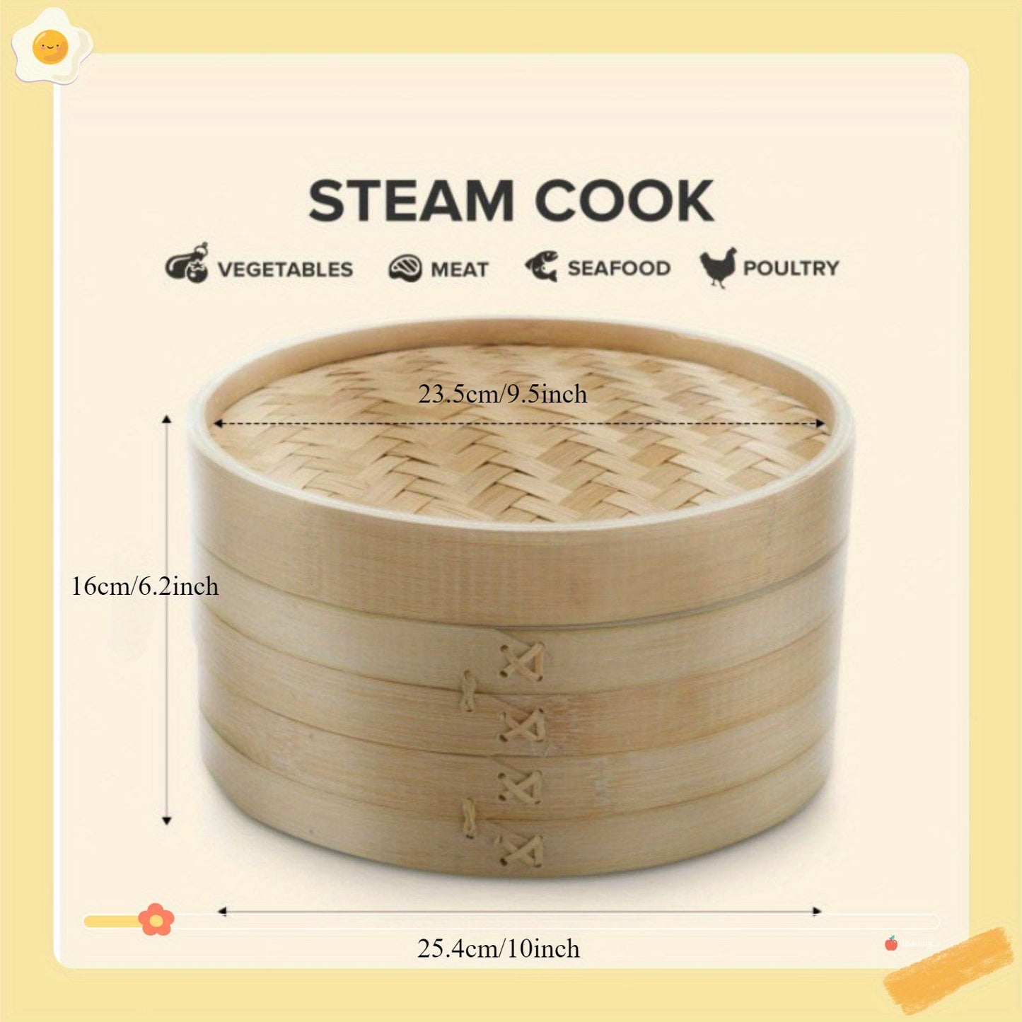 Handmade 2-Tier Bamboo Steamer Basket - 25.4cm with Lid, Non-Stick Cooking Tool for Healthy Meals: Ideal for Dim Sum, Dumplings, Vegetables, Chicken, Fish, Rice, and Meat