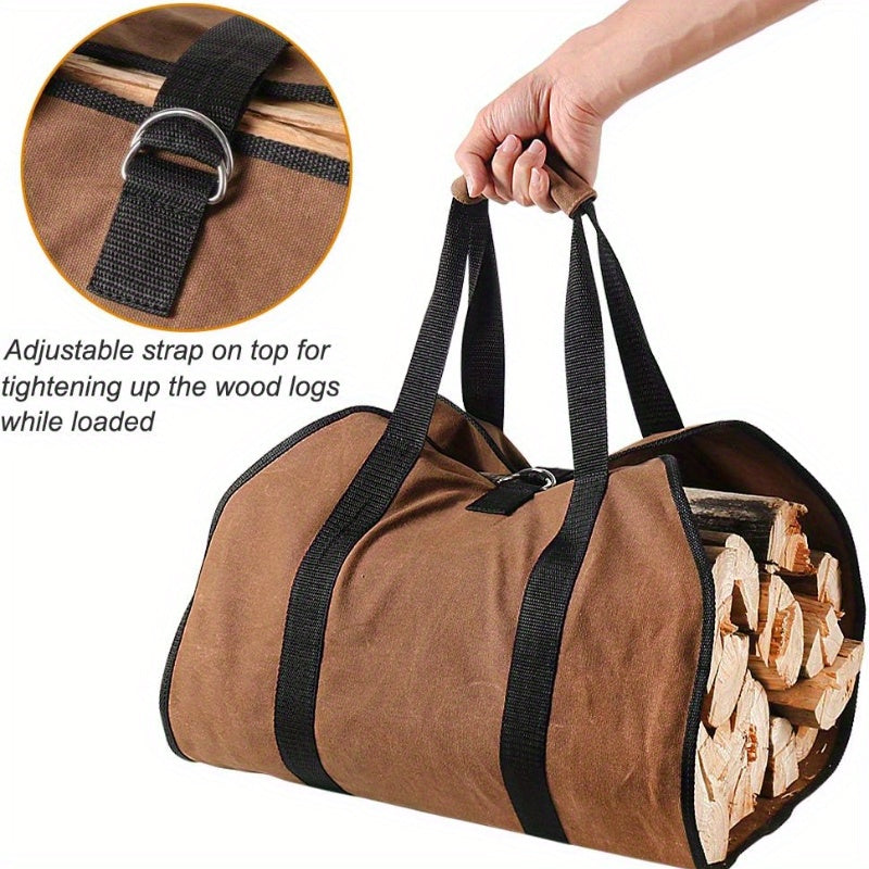 Set of three PVC Firewood Storage Bags, featuring durable construction with handles, securing straps, and reinforced base - perfect for storing firewood, carrying logs, indoor camping trips, and as holiday gifts