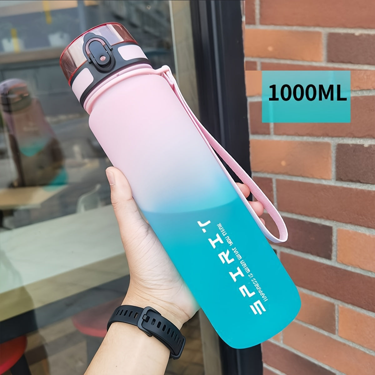 Outdoor sports water bottle with braided carrying rope and cup cover, portable, leakproof, time-volume mark, suitable for outdoor sports.