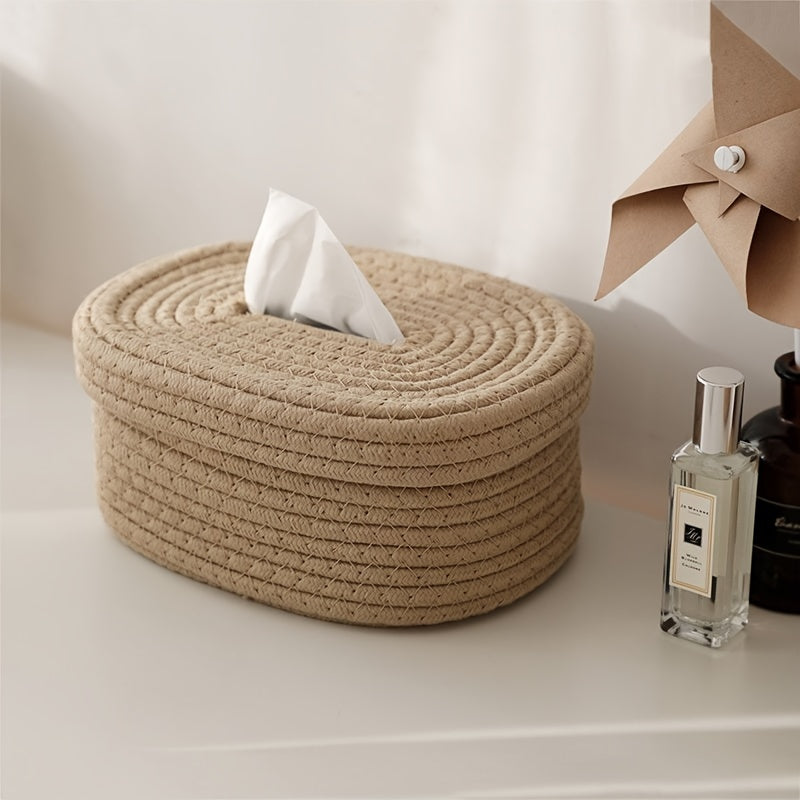 Rustic beige rope-woven tissue box with decorative bow. Ideal for home, car, or commercial use.