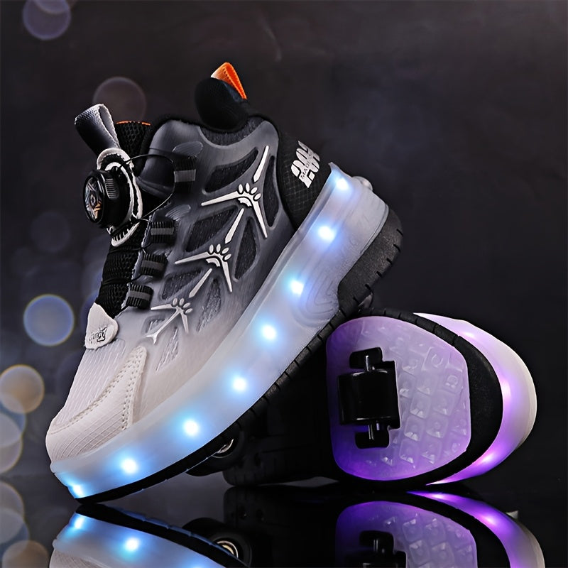 Youngsters' Fashion LED Light-Up Roller Skates in Pink & Purple Gradient Design with White Star Patterns - USB Rechargeable & Durable for All Seasons - Low-Top PU Sneakers for Boys & Girls