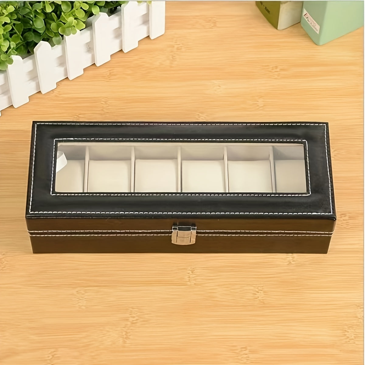 New faux leather watch storage box with velvet interior, designed to hold 6 watches and display jewelry.