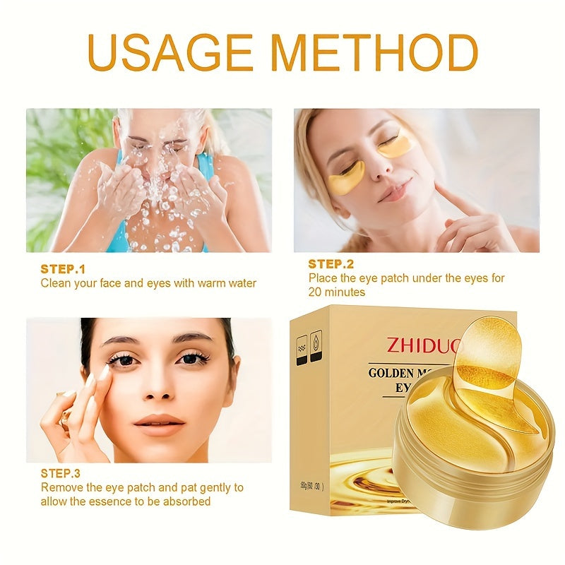 60 Golden Firming Eye Patches hydrate, nourish, smooth wrinkles, tighten skin, suitable for all skin types.