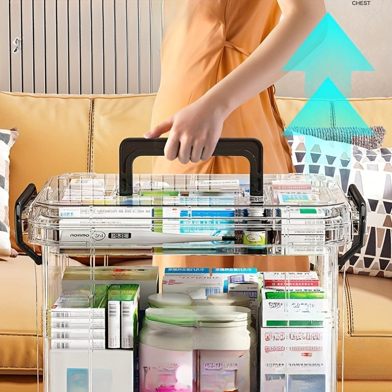 Large waterproof family medicine organizer with double-layer, transparent storage box for home and travel organization.