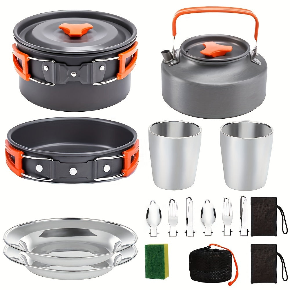 15-piece camping cookware set made of portable non-stick aluminum alloy for outdoor cooking.