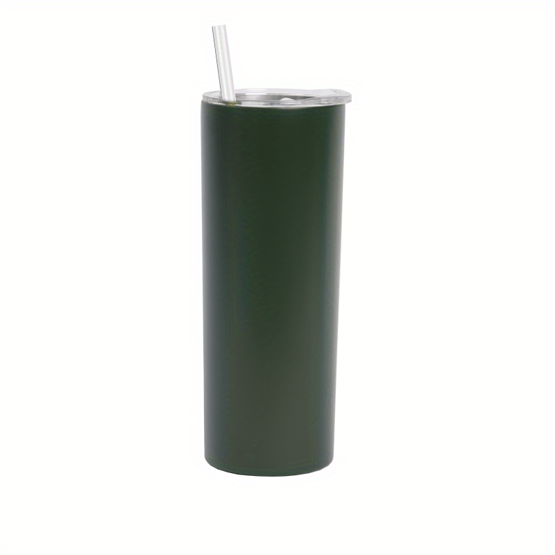 20oz skinny tumbler with stainless steel double wall and vacuum insulation, includes lid and straw.