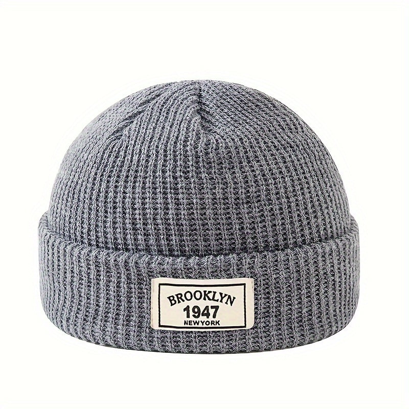 Knitted beanie for men - warm and elastic winter hat with letter patch, perfect for active leisure and holiday gifting, including Valentine's Day.